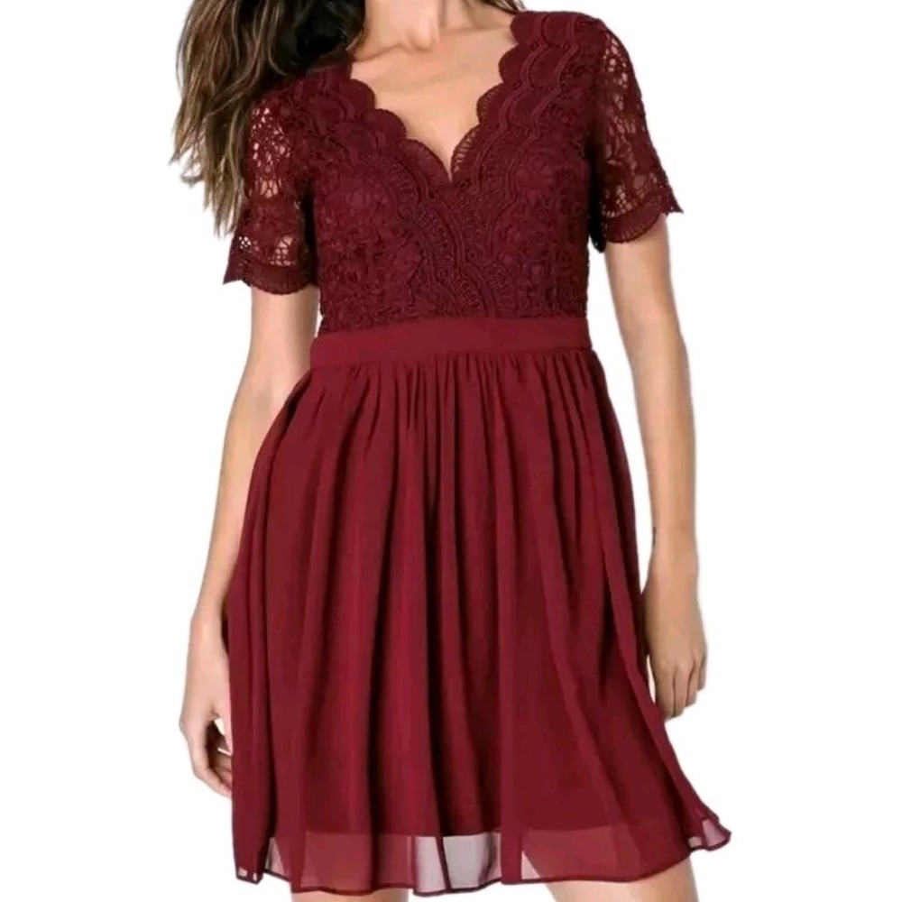 Lulus NWT Angel In Disguise Mini Skater Dress Womens XL Burgundy Lace V-Neck New